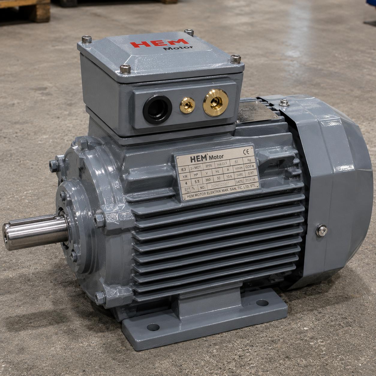 Thick C5 corrosion-class paint coating and cooling fins on a cast iron electric motor body